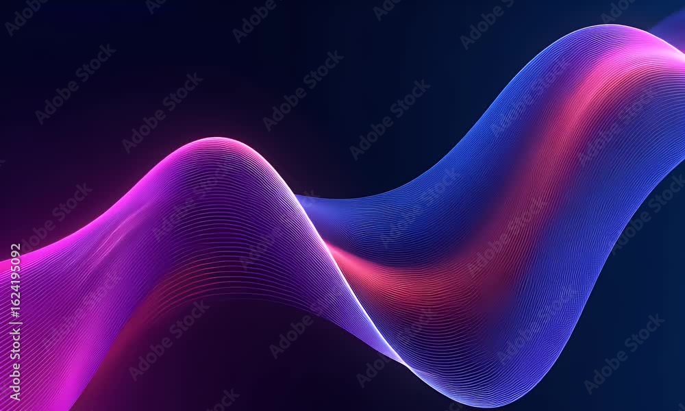 Poster a dark purple background with pink and blue lines of light, creating an abstract wave pattern.