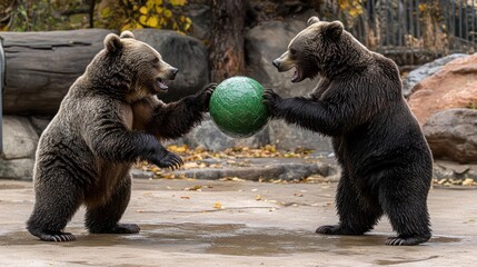 Two brown bears playfully interact, paws on a green ball