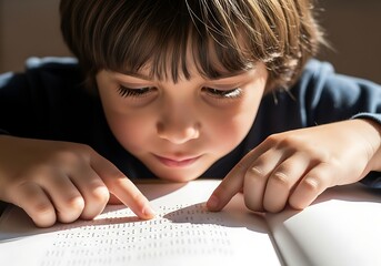 Young boy with visual impairment reading a Braille book with his fingers