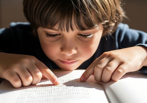 Young boy with visual impairment reading a Braille book with his fingers