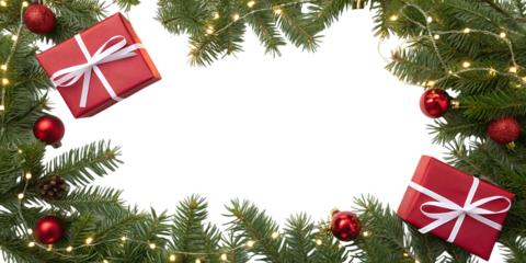 Festive christmas wreath with glowing fairy lights red gift boxes and shiny baubles creating a welcoming holiday frame with a central copy space for text