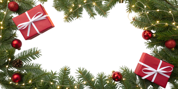 Festive christmas wreath with glowing fairy lights red gift boxes and shiny baubles creating a welcoming holiday frame with a central copy space for text