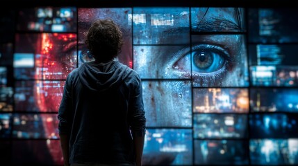 Man standing before multiple digital screens showing deepfake faces, analyzing synthetic imagery using advanced detection technology