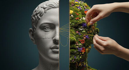 Surreal Split Head Sculpture with Flowers and Moss Fast Creative Concept
