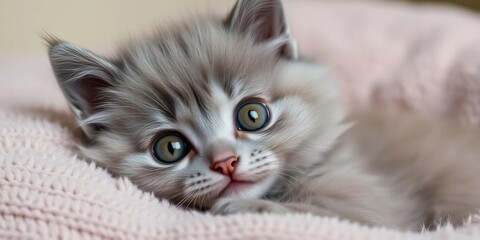 Fluffy gray kitten, large eyes, tilted head, soft pillow, adorable,  feline,  playful