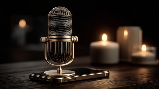 Golden vintage microphone placed on smartphone with soft candlelight in background on wooden table, perfect podcast or voice-over setup