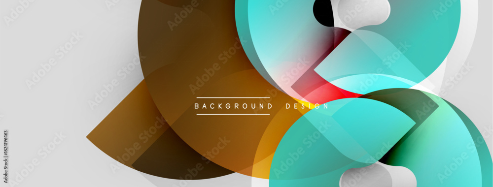 Poster abstract shapes overlap, creating dynamic visual effect. colors include turquoise, brown, white, ora