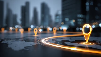 Cityscape illuminated by the path of glowing location markers, navigating through the urban landscape