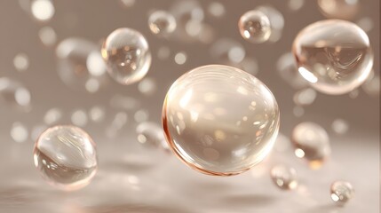 Transparent serum or oil bubbles floating, on a tan background. Use this image for skincare, cosmetic or beauty-related designs.