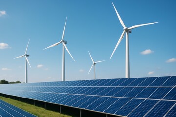 Wind turbines and solar panels under a bright blue sky showcasing renewable energy generation setup view