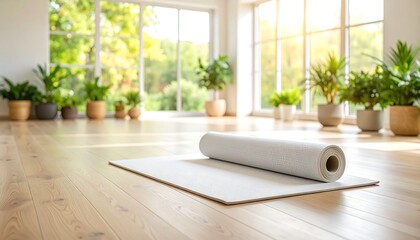 Yoga mat unrolled in a bright with airy room, and plants and sunlight in the background.