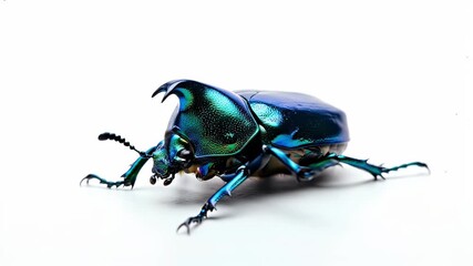 A macro studio photograph of a beautiful iridescent rhinoceros beetle on a white background - Powered by Adobe