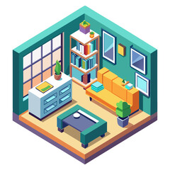 Obraz premium Cozy isometric living room with sofa bookshelf and coffee table