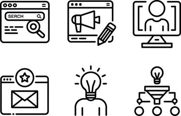 Black Line Icon Set Search, Marketing, Communication, User Profile, Idea, Funnel