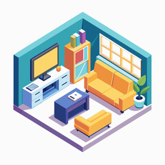 Fototapeta premium Cozy isometric living room with modern furniture and entertainment center