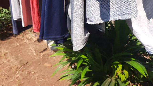 rows of clothes on the clothesline on a sunny day