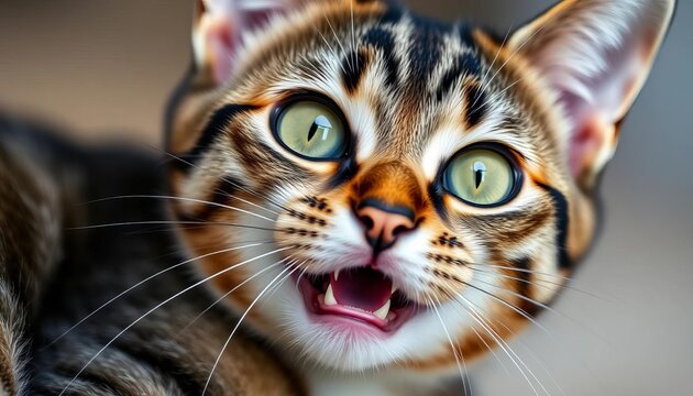 Close-up playful tabby cat, green eyes, open mouth, curious expression,  pet portrait,  curious