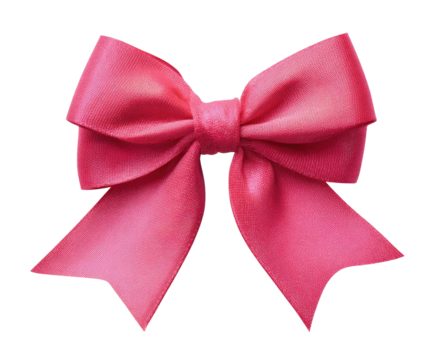 A vibrant, glossy pink ribbon bow against a black background.  The bow is meticulously detailed, showing folds and curves of the satin ribbon