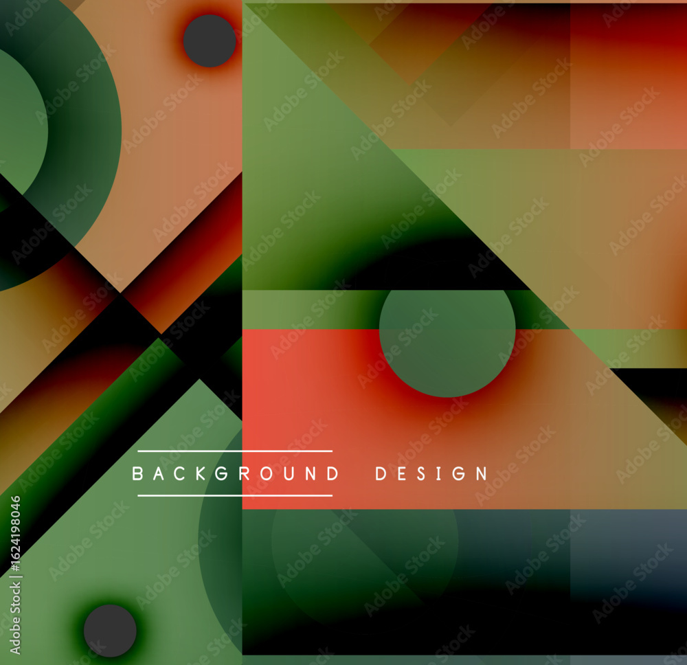 Poster abstract geometric shapes overlap, creating vibrant color gradients. design features circles, square