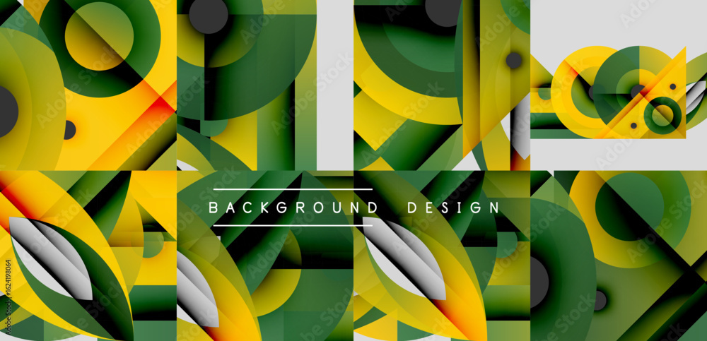 Poster abstract geometric pattern. overlapping shapes create dynamic visual texture. green, yellow, orange 