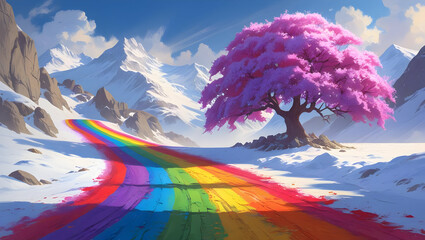 Colorful rainbow path to pink and purple tree in snowy mountain