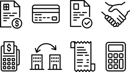 Business Finance Icon Set, Property Document, Credit Card, Receipt, Transaction in Line Style