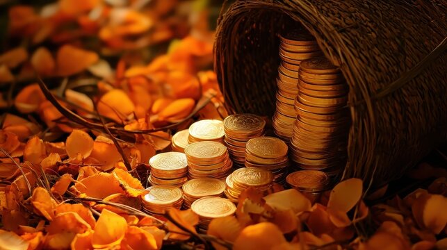 Golden Coins Surrounded by Autumn Leaves in a Rustic Basket