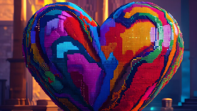 Colorful mosaic heart pixel art on white background