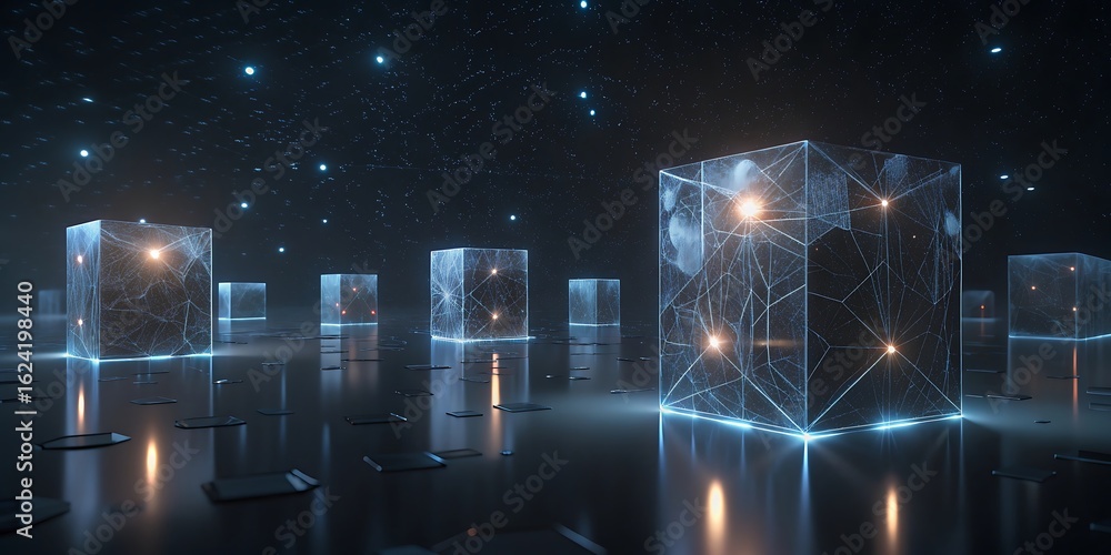 Poster cubes made of glass and light floating in a dark digital space with stars.