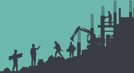Black Silhouette Vector of Construction Site with Cranes and Urban Skyline for City Development Design