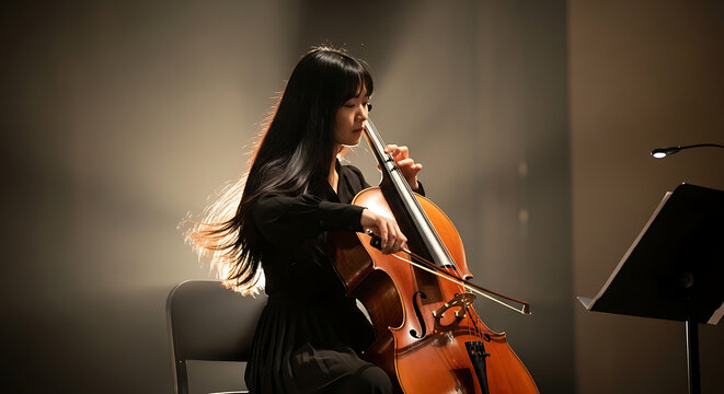 Elegant female cellist playing a classical music piece on stage. A passionate performance illuminated by a dramatic spotlight.