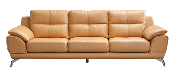 Light beige leather sofa with three seats and sculpted arms