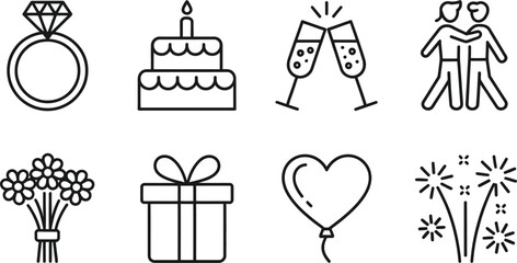 Celebration Outline Icons Ring, Cake, Champagne, Couple, Flowers, Gift, Balloon