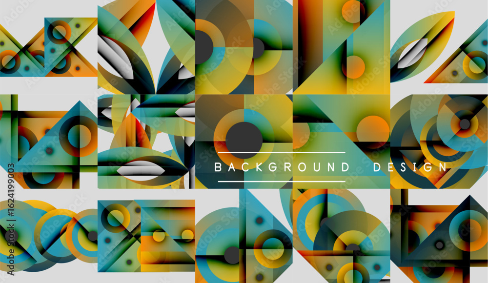 Poster abstract geometric patterns, vibrant colors, modern design elements. background features overlapping