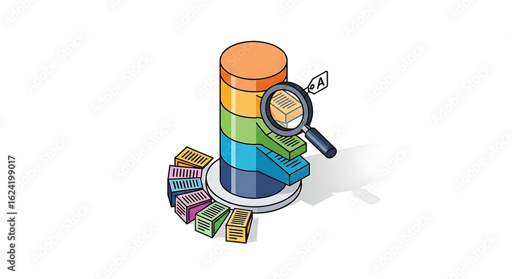 Poster illustration of layered data storage with magnifying glass and data blocks around the base