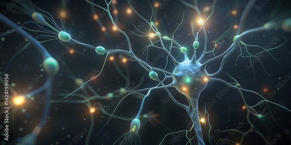 Poster closeup of a glowing neuron with synapses firing, representing the complex network of the human brai
