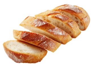 Sliced baguette, light golden crust, dusted with flour