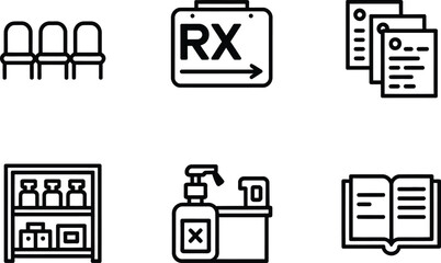 Clinic Room Icons Set Chairs, Sign, Documents, Shelf, Sanitizer, Open Book in Line Art