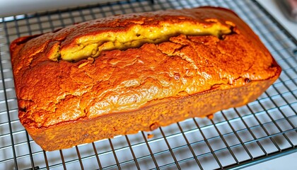 Golden-brown banana bread loaf, cooling on wire rack,  golden,  bakery