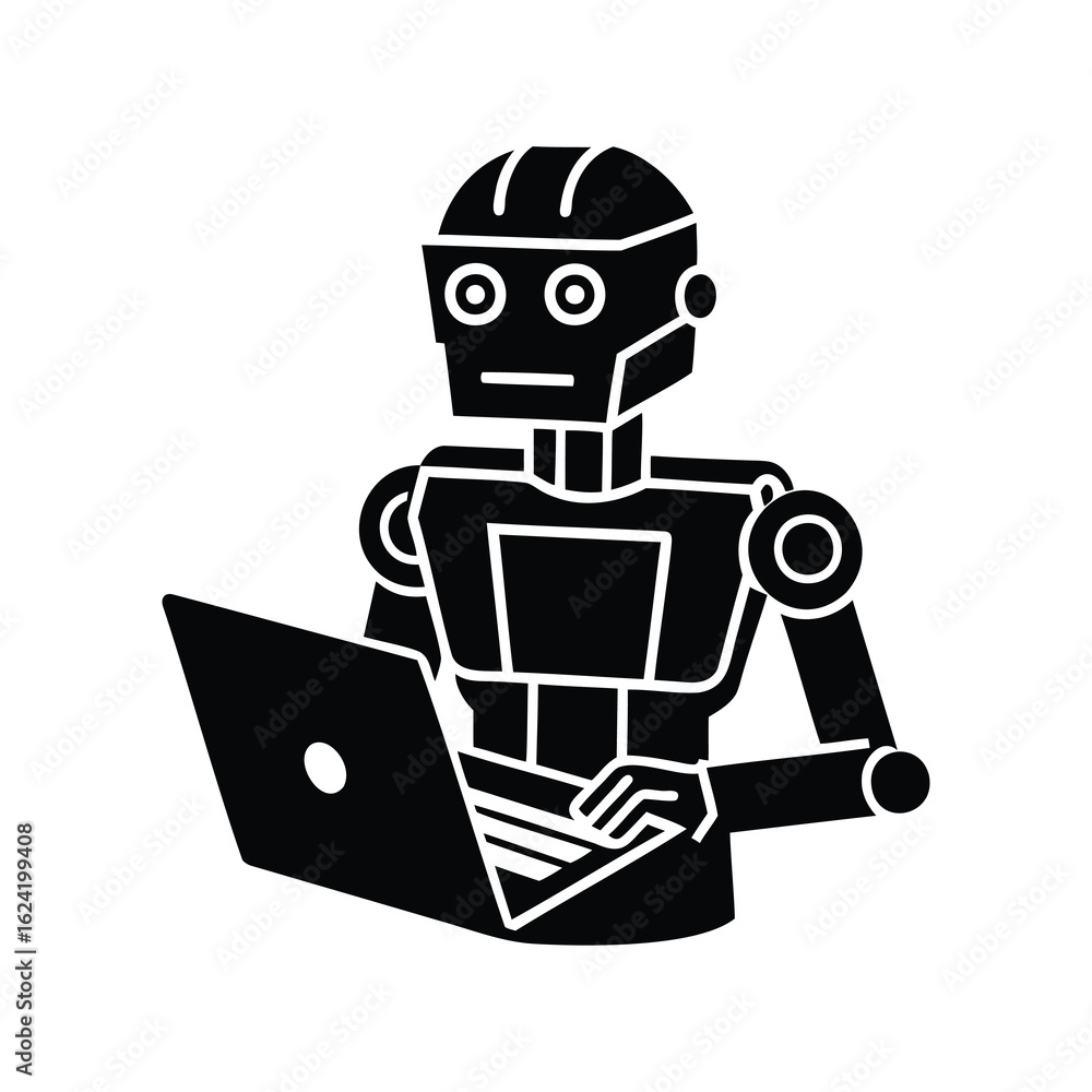 Poster robot working on a laptop, representing artificial intelligence and technology concept