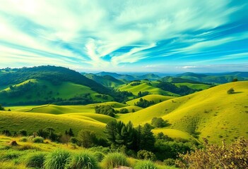Dreamlike landscape with vibrant green sky, rolling hills, and lush vegetation,  clouds,  nature