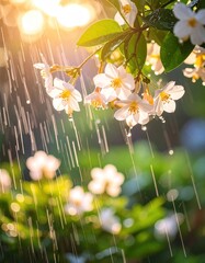 Blooming flowers in a rain shower