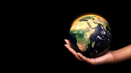 A realistic Earth globe featuring Africa and the Middle East rests delicately in a hand, set against a stark black background, with a soft, golden light outlining the planet.
