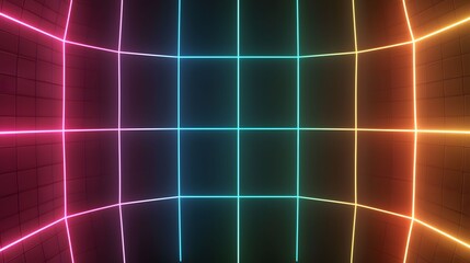 The image displays a 3D abstract background with a geometric grid of neon lines in a gradient of colors spanning from vibrant pink to cool blue to warm orange hues.