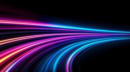 The image showcases a dynamic abstract design featuring colorful, blurred light streaks in shades of pink, purple, and blue against a stark black backdrop, creating a sense of speed.