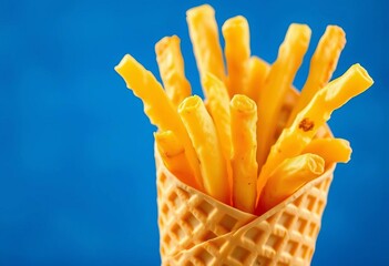 Crispy french fries served in a waffle cone, vibrant blue background,   photography,  hot