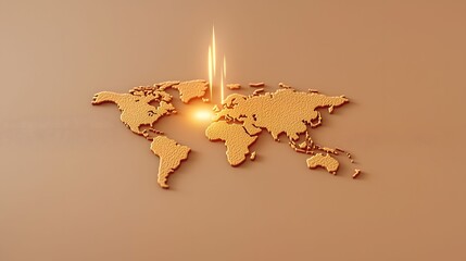 This image showcases a detailed gold world map with a light source emanating from its center, set against a muted beige background casting soft shadows.