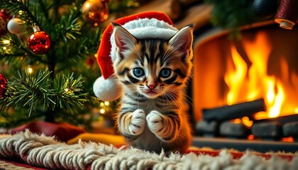 Curious kitten in Santa hat paws Christmas tree, cozy cabin, fireplace, playful, fire