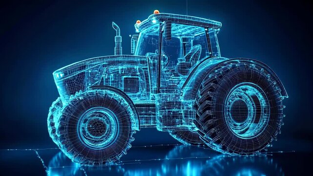 Futuristic wireframe design of agricultural tractor intricate mechanical structure. Blue glowing blueprint draft. Modern machinery tech video