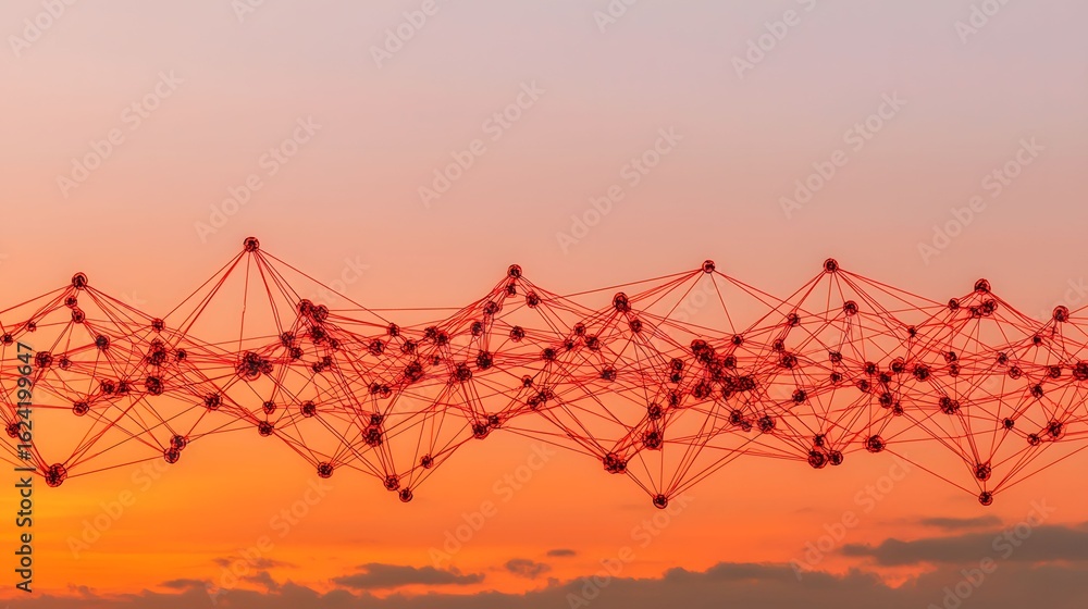 Poster the image showcases a surreal digital network of red nodes and lines against a vivid orange sunset, 
